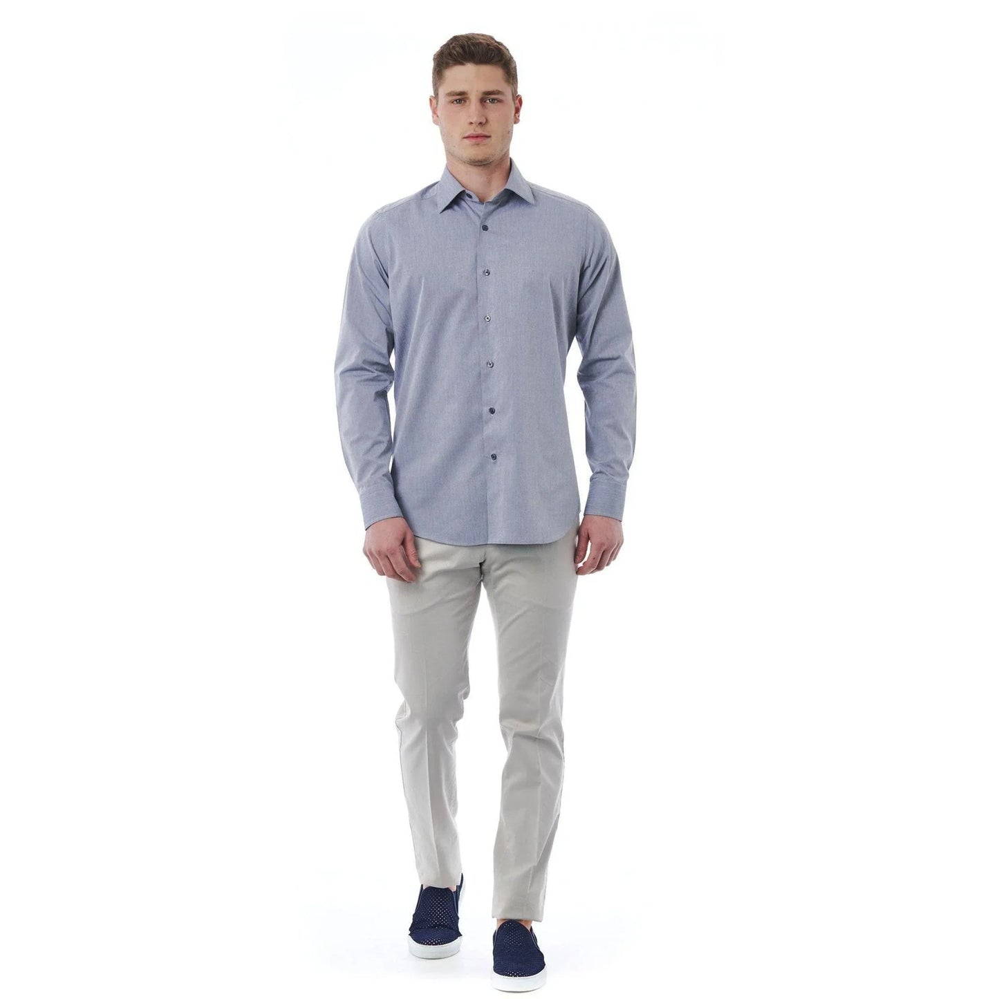 Men Long Sleeves Cotton Regular Fit Point Collar Dress Shirt – Stretchable - Blue -Guocali