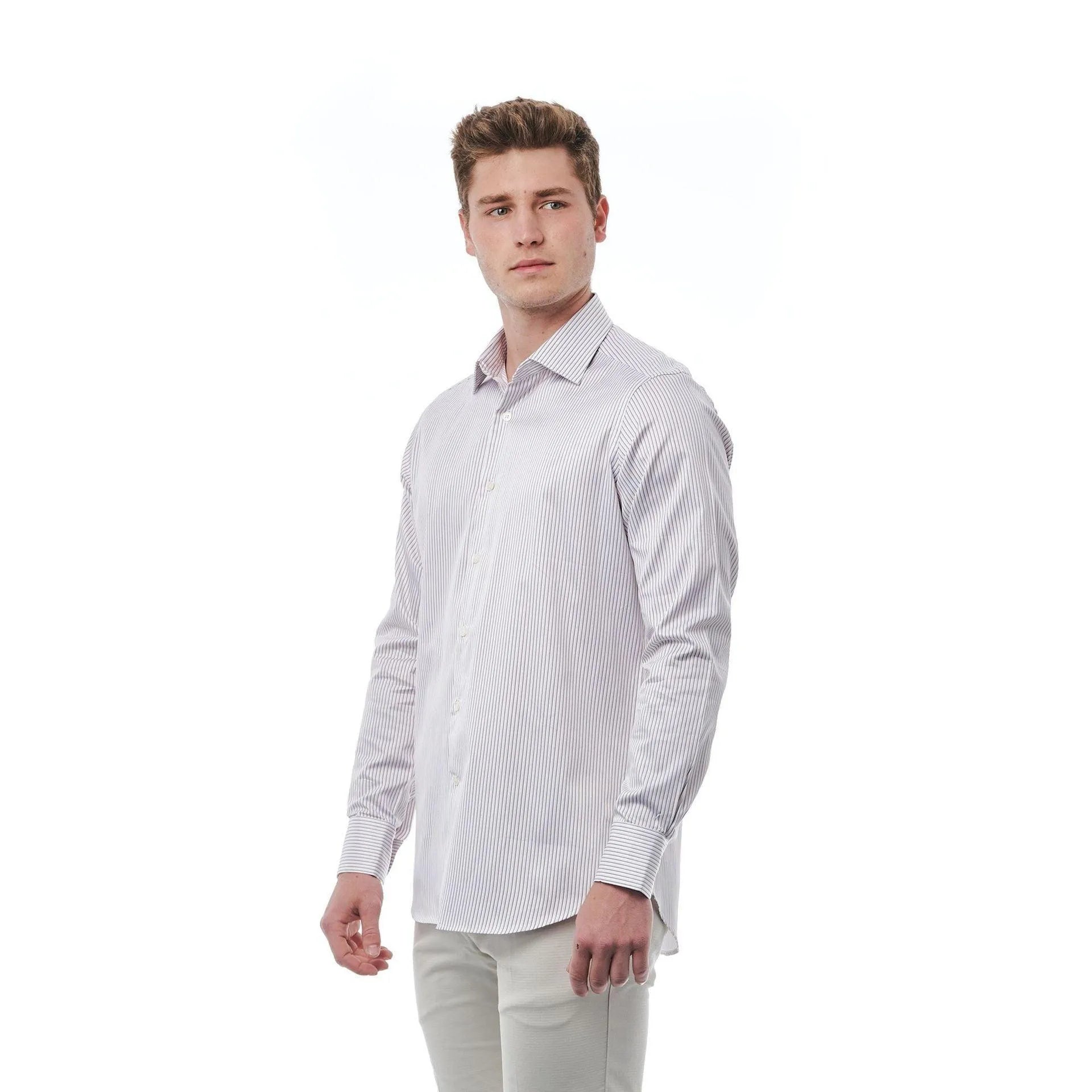 Men Long Sleeves Cotton Striped Dress Shirt – Breathable - White -Guocali