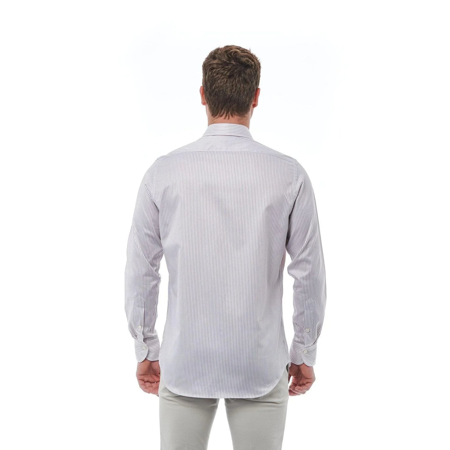 Men Long Sleeves Cotton Striped Dress Shirt – Breathable - White -Guocali