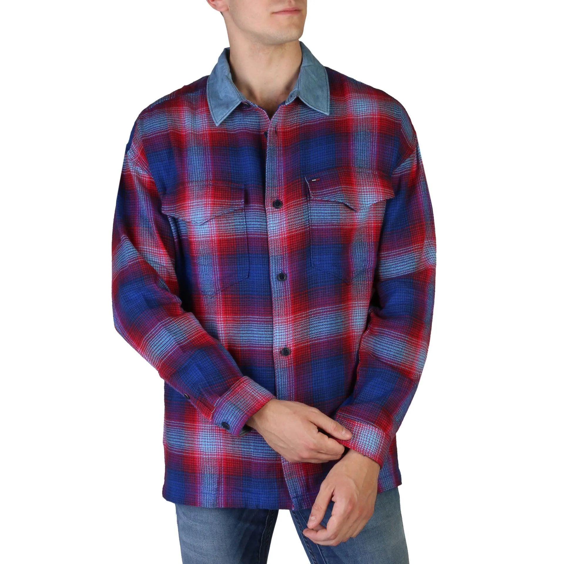 Men Long Sleeves Plaid Casual Shirt – Breathable, Blue, White