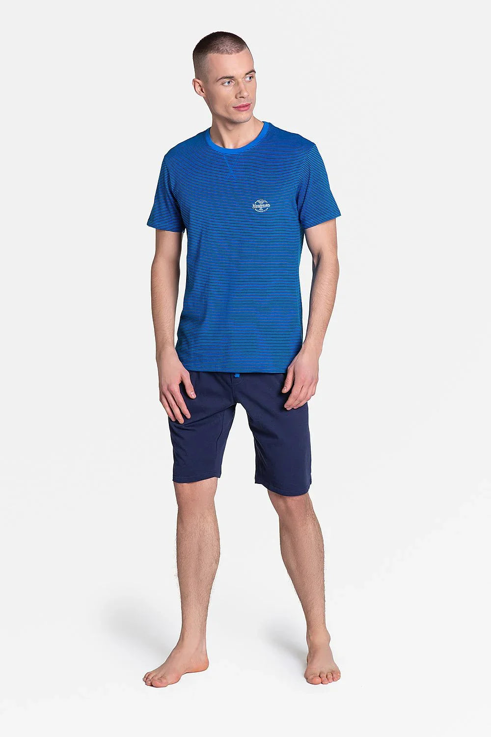 Men Pajama Shorts Set –Breathable Striped - Navy -Guocali