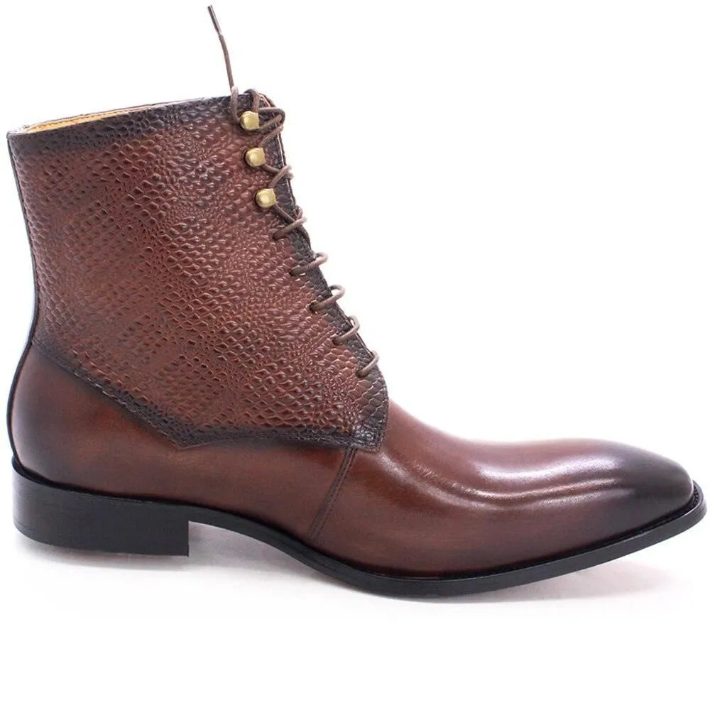 GUOCALI men's brown leather ankle boot with textured pattern and lace-up design