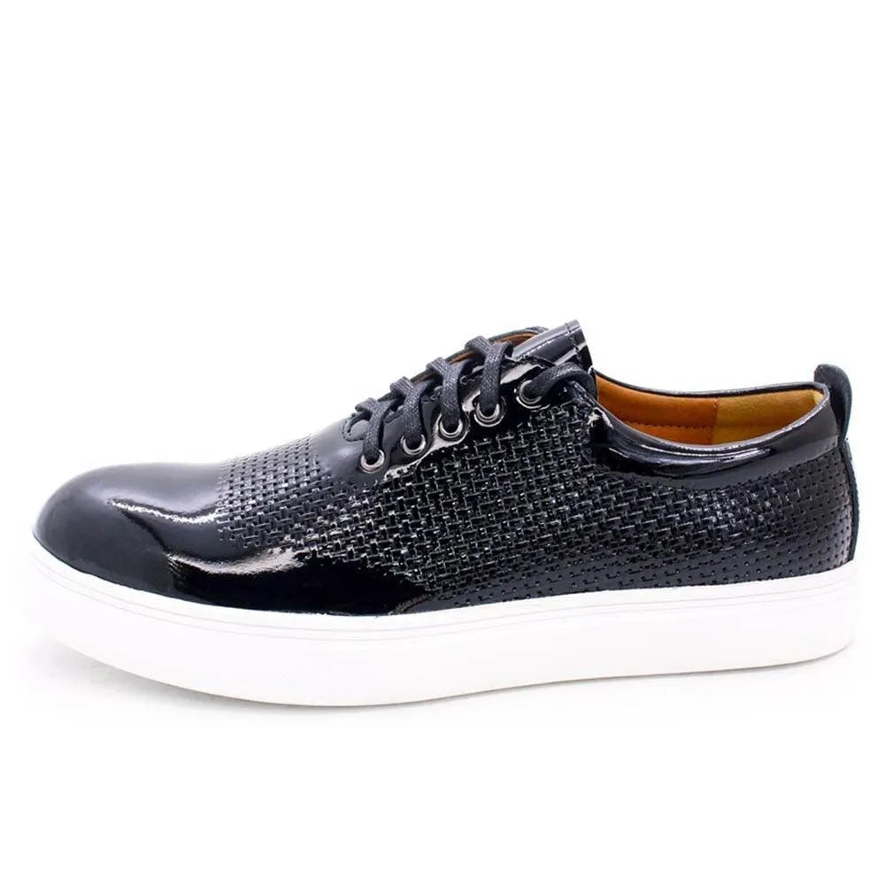GUOCALI men's black low-top formal sneaker with woven texture and white sole