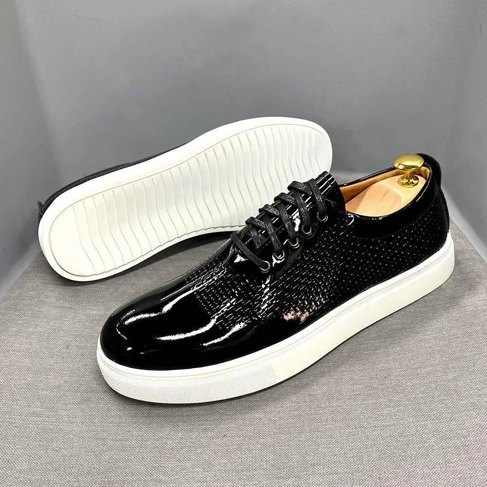 GUOCALI Paris men's black low-top formal dress sneakers with white soles, woven texture.
