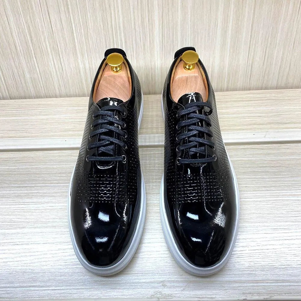 GUOCALI black low top men's formal dress sneakers with glossy finish on wooden surface