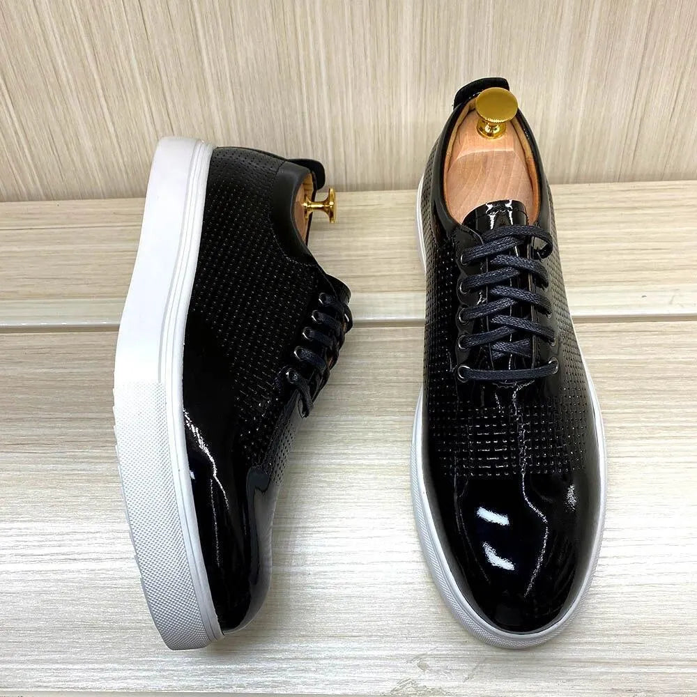 GUOCALI men's low-top black formal sneakers with white soles on wooden background