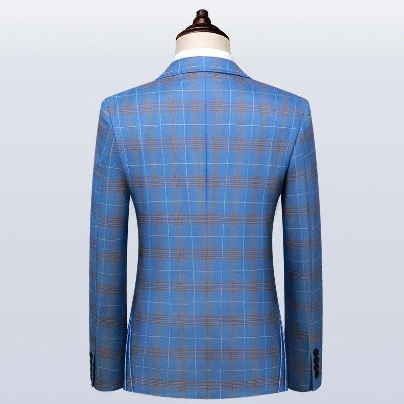 Men Suit - Blue Plaid Double-Breasted Suit -Guocali
