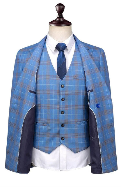 Men Suit - Blue Plaid Double-Breasted Suit -Guocali
