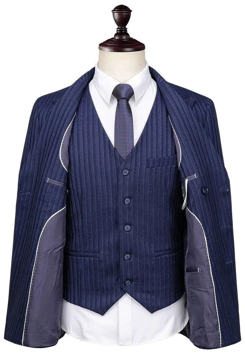 Men Suit - Blue Striped Double-Breasted Suit -Guocali