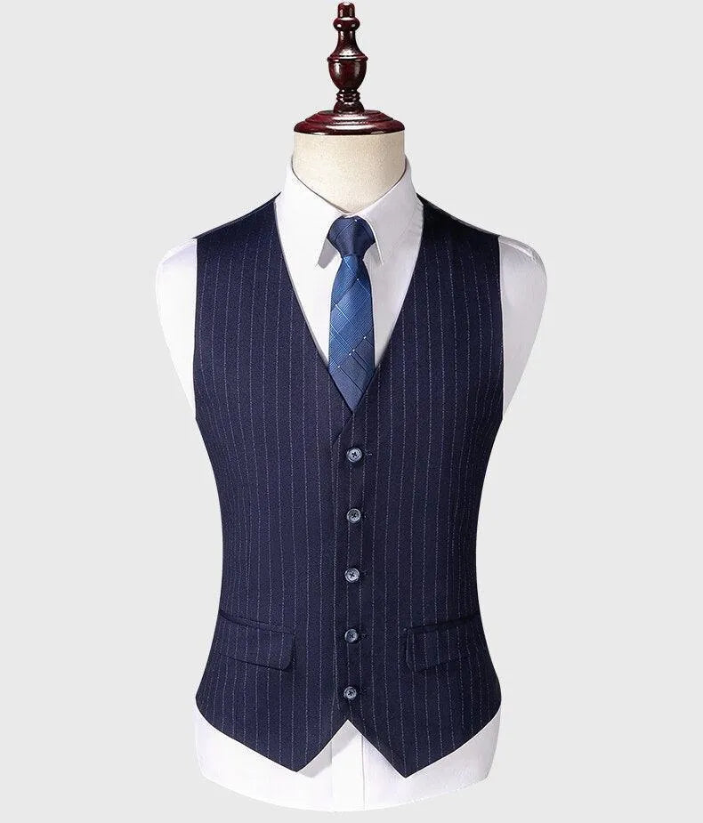 Men Suit - Navy Blue Striped 3-Piece Suit -Guocali