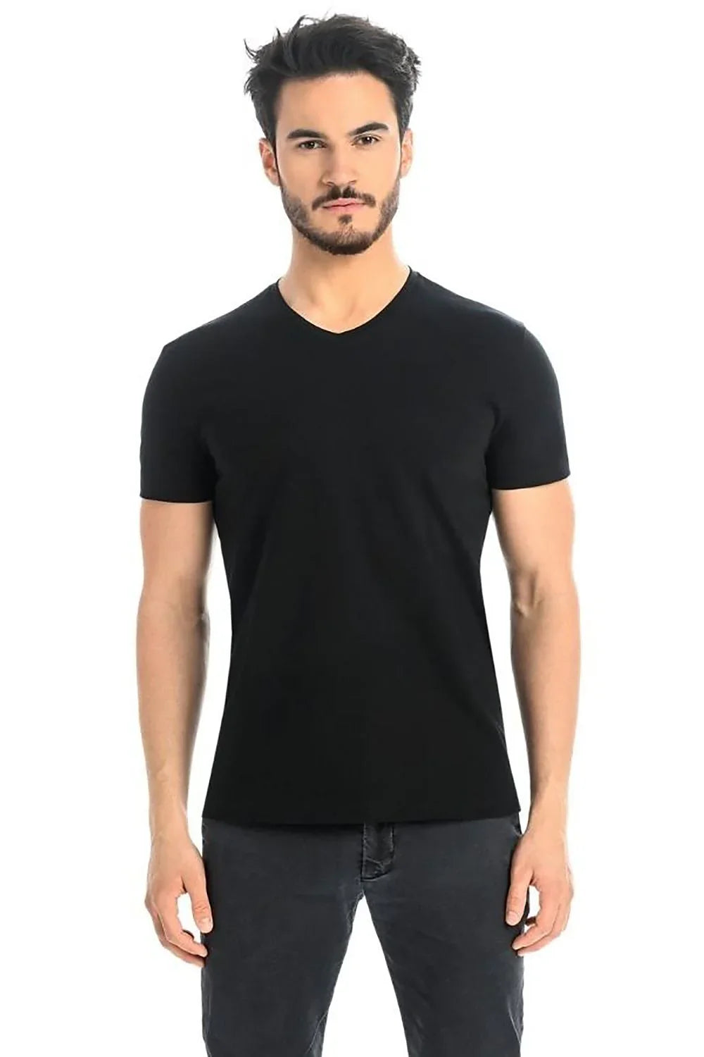 Men V-Neck Short-Sleeves T-Shirt – Stretchable - Black -Guocali