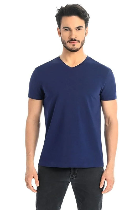 Men V-Neck Short-Sleeves T-Shirt – Stretchable - Navy, Blue -Guocali