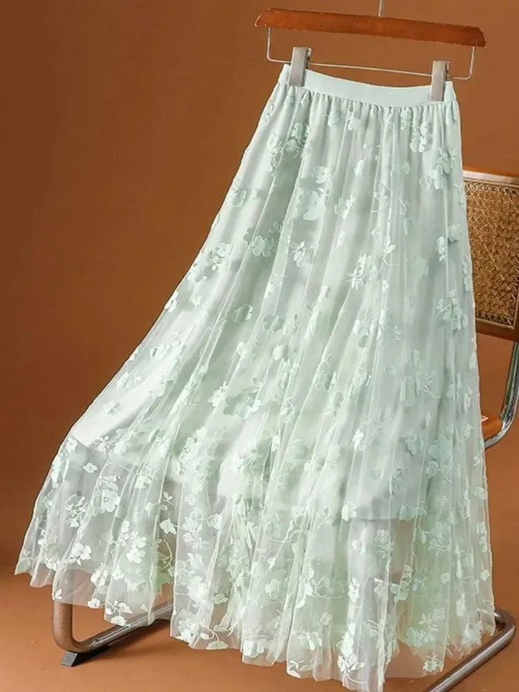 Mesh Skirt High Waisted A-Line -Guocali