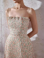 Mid-Length Pleated Print Waist Dress -Guocali