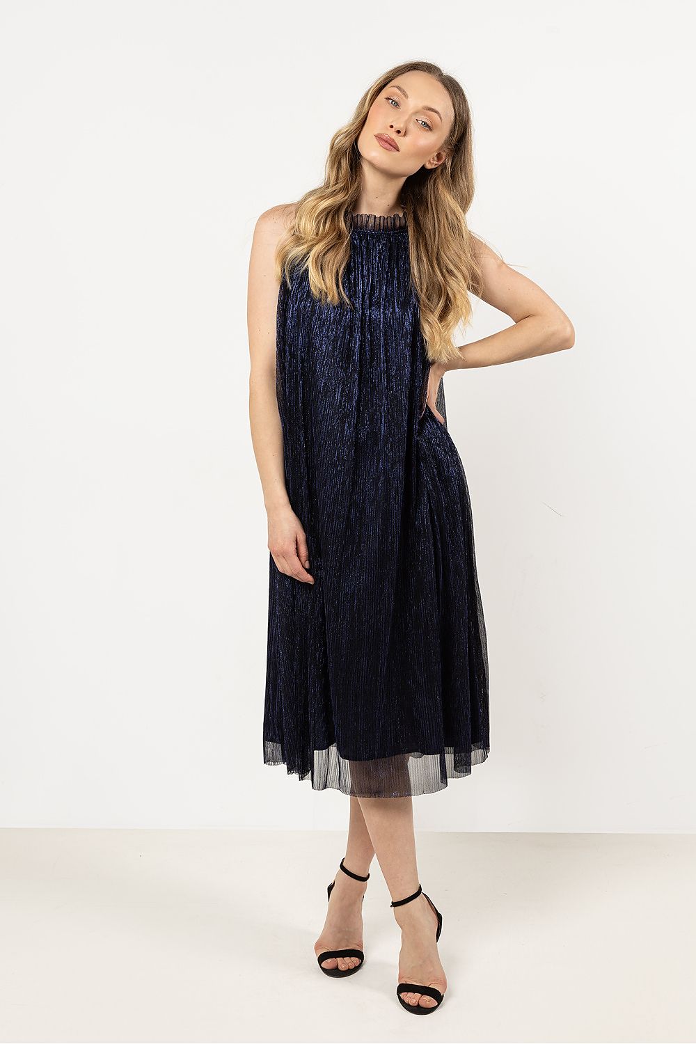 Midi Wedding Guest Dress – Halter Neck, A-Line, Tie Waist, Navy Blue – Daydress | GUOCALI – view 4