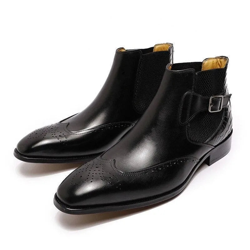 GUOCALI black leather slip-on ankle dress boots for men with buckle and brogue details