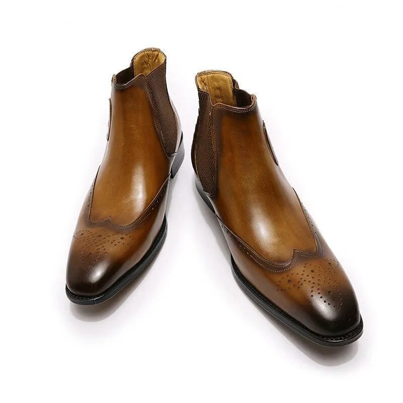 Men's brown leather slip-on ankle dress boots with brogue detail, GUOCALI Paris
