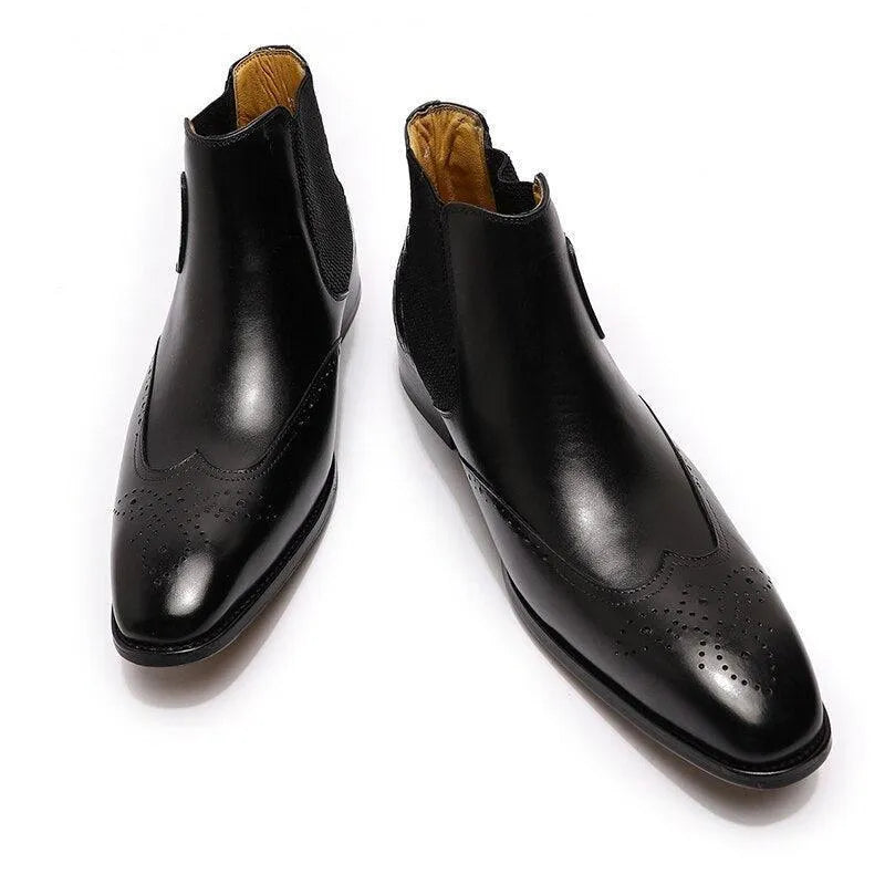 GUOCALI black leather slip-on ankle dress boots with brogue detailing for men
