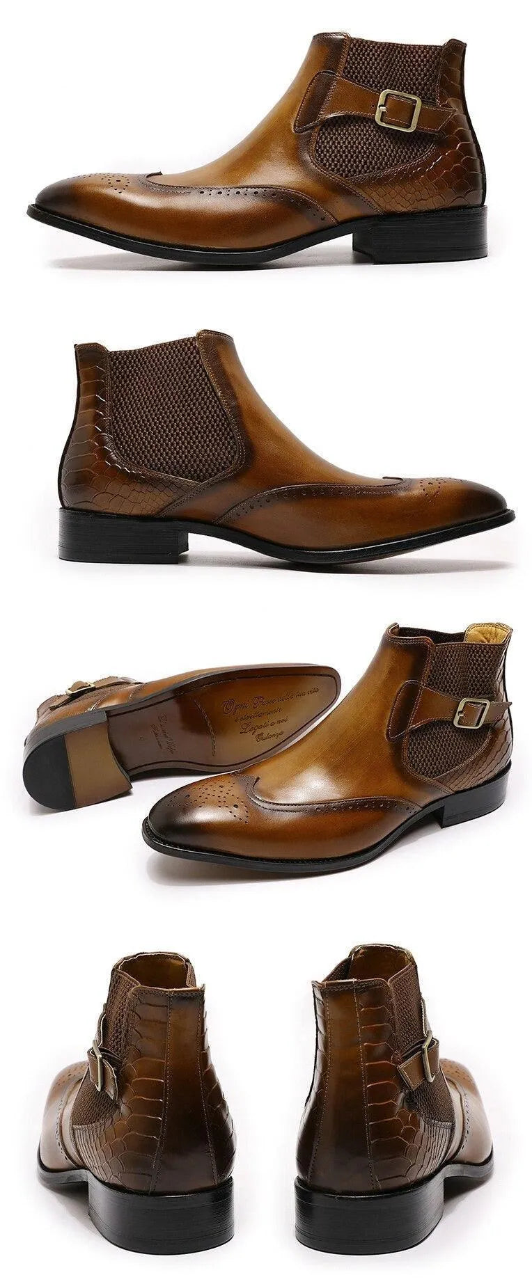 GUOCALI men's brown leather slip-on ankle dress boots with buckle and textured panels