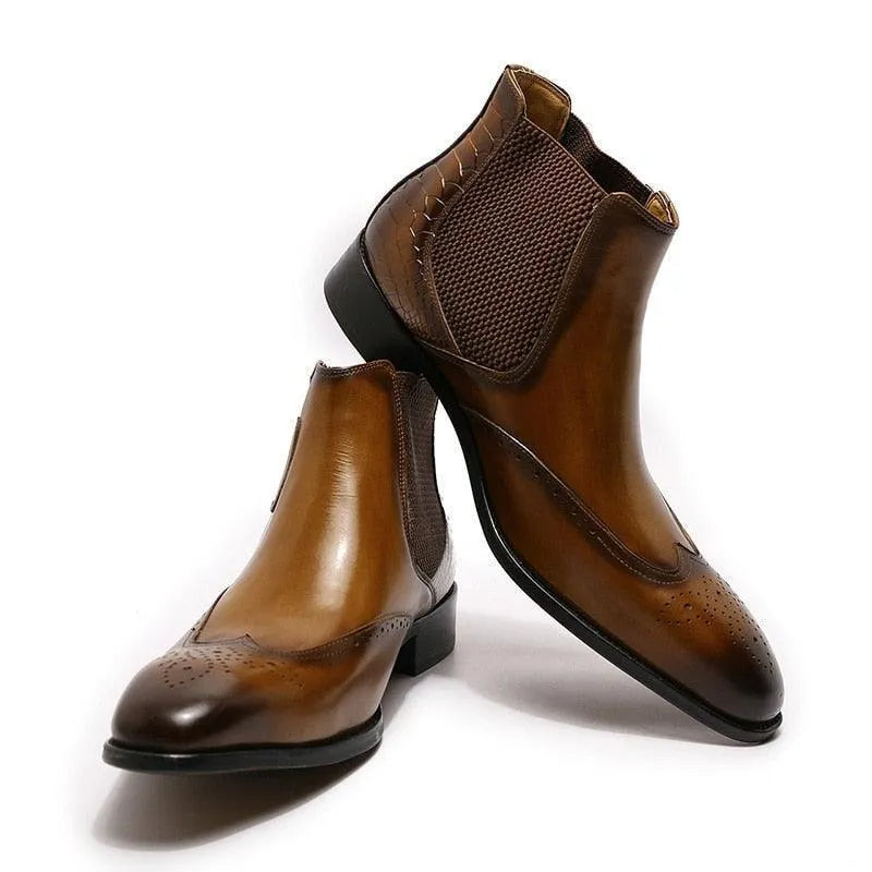 GUOCALI brown leather slip-on ankle dress boots for men with brogue detailing