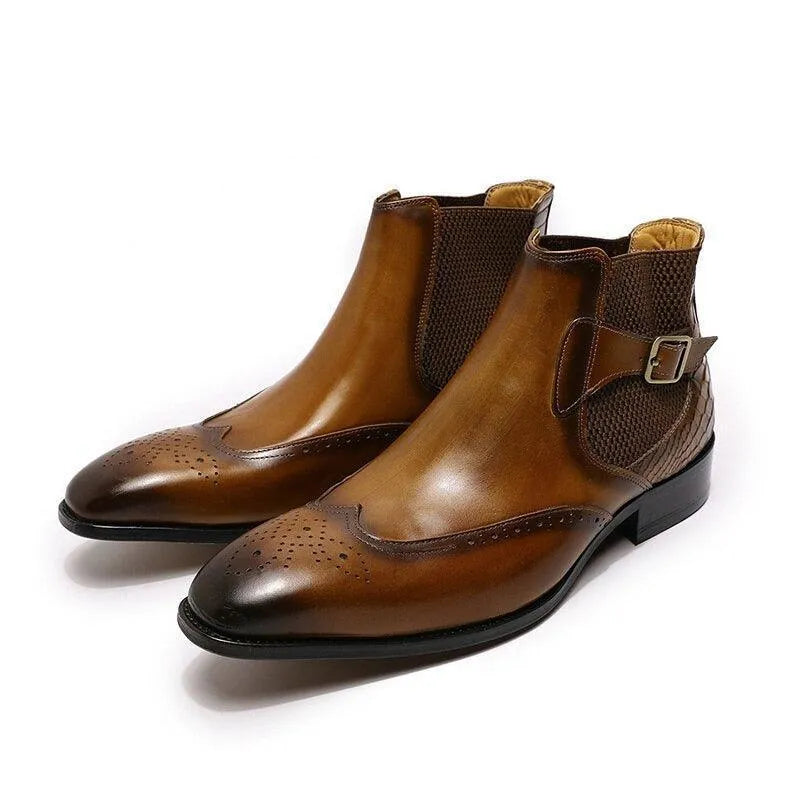 GUOCALI brown leather men’s slip-on ankle dress boots with brogue detail and buckle