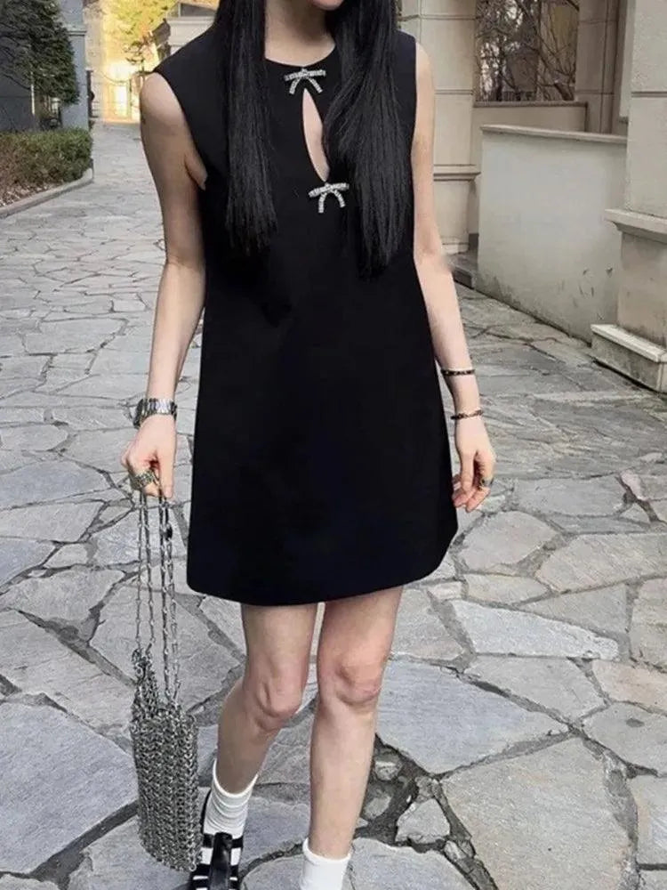 O-Neck Sleeveless Bow Beading Short Dress -Guocali