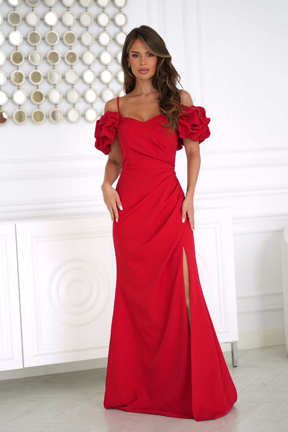 Off-Shoulder Puff Sleeve Ruched Maxi Dress – Red – Daydress | GUOCALI – view 2