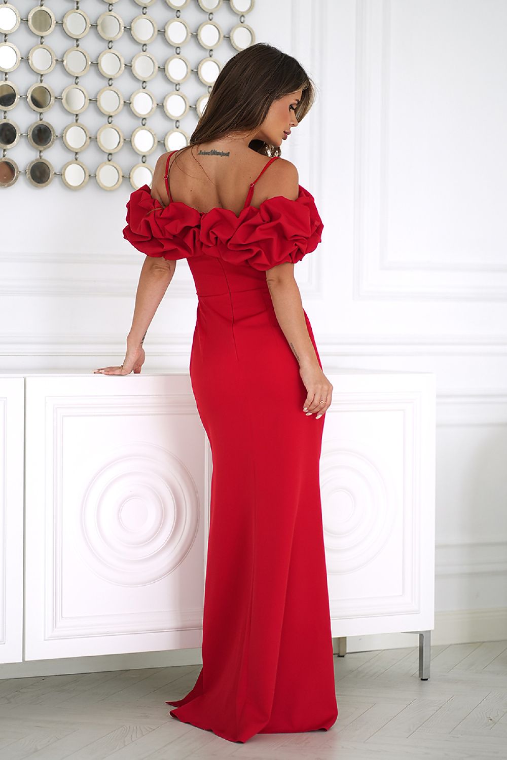 Off-Shoulder Puff Sleeve Ruched Maxi Dress – Red – Daydress | GUOCALI – view 3