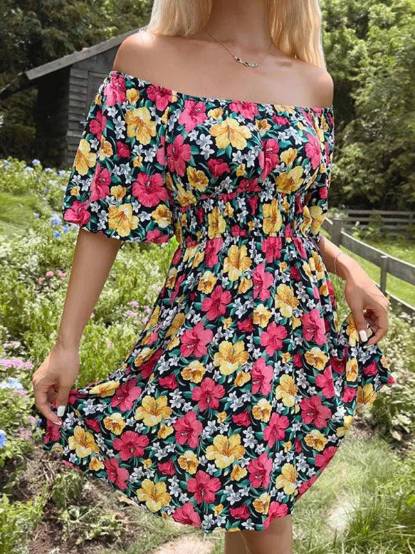 Off-Shoulder Ruffle Printed Dress -Guocali