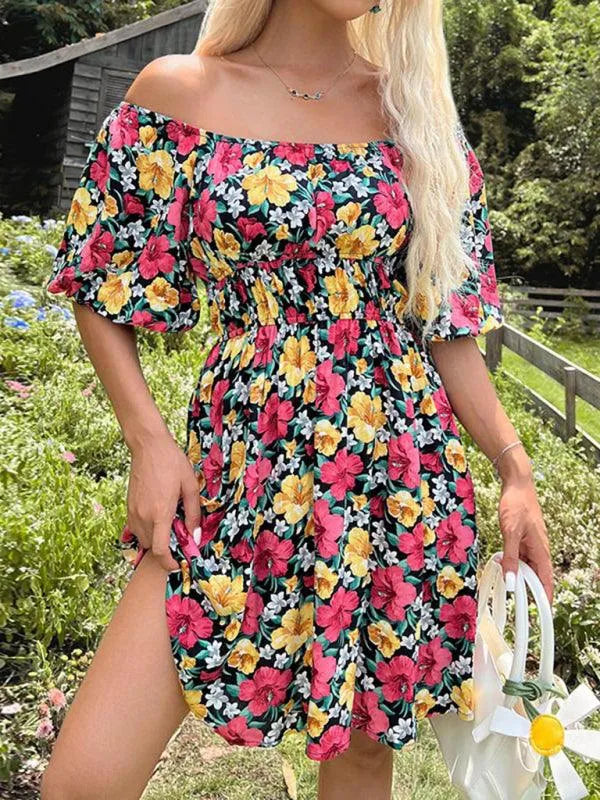 Off-Shoulder Ruffle Printed Dress -Guocali