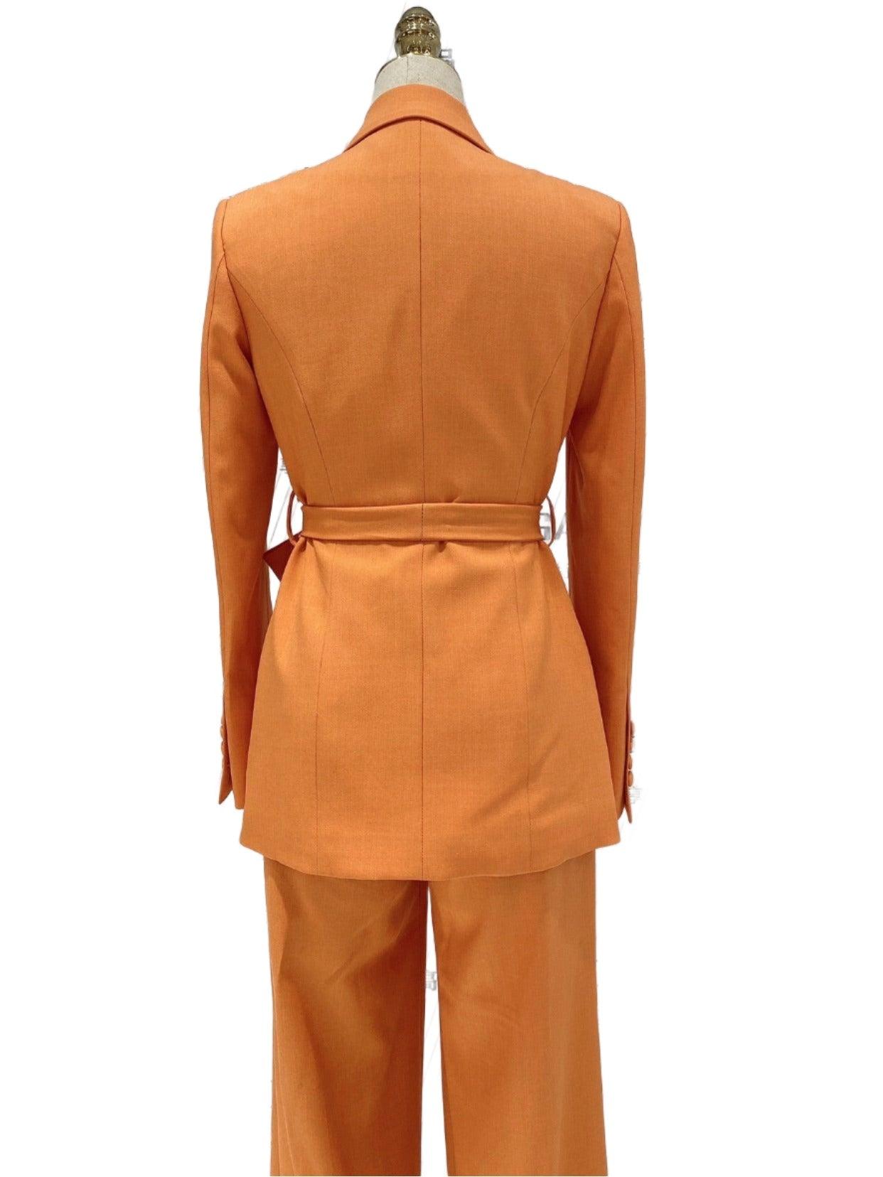 Orange Women Pant Suit - Wide Leg Belted Trouser Suit - Pantsuit - Guocali