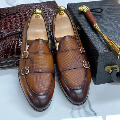 Patina Leather Monk Strap Loafers -Guocali