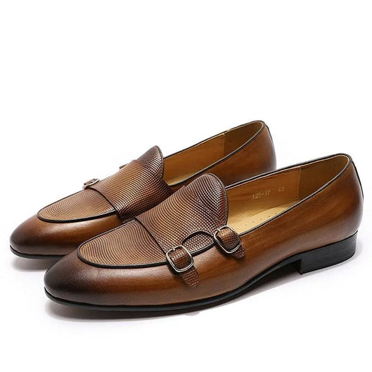 Patina Leather Monk Strap Loafers -Guocali