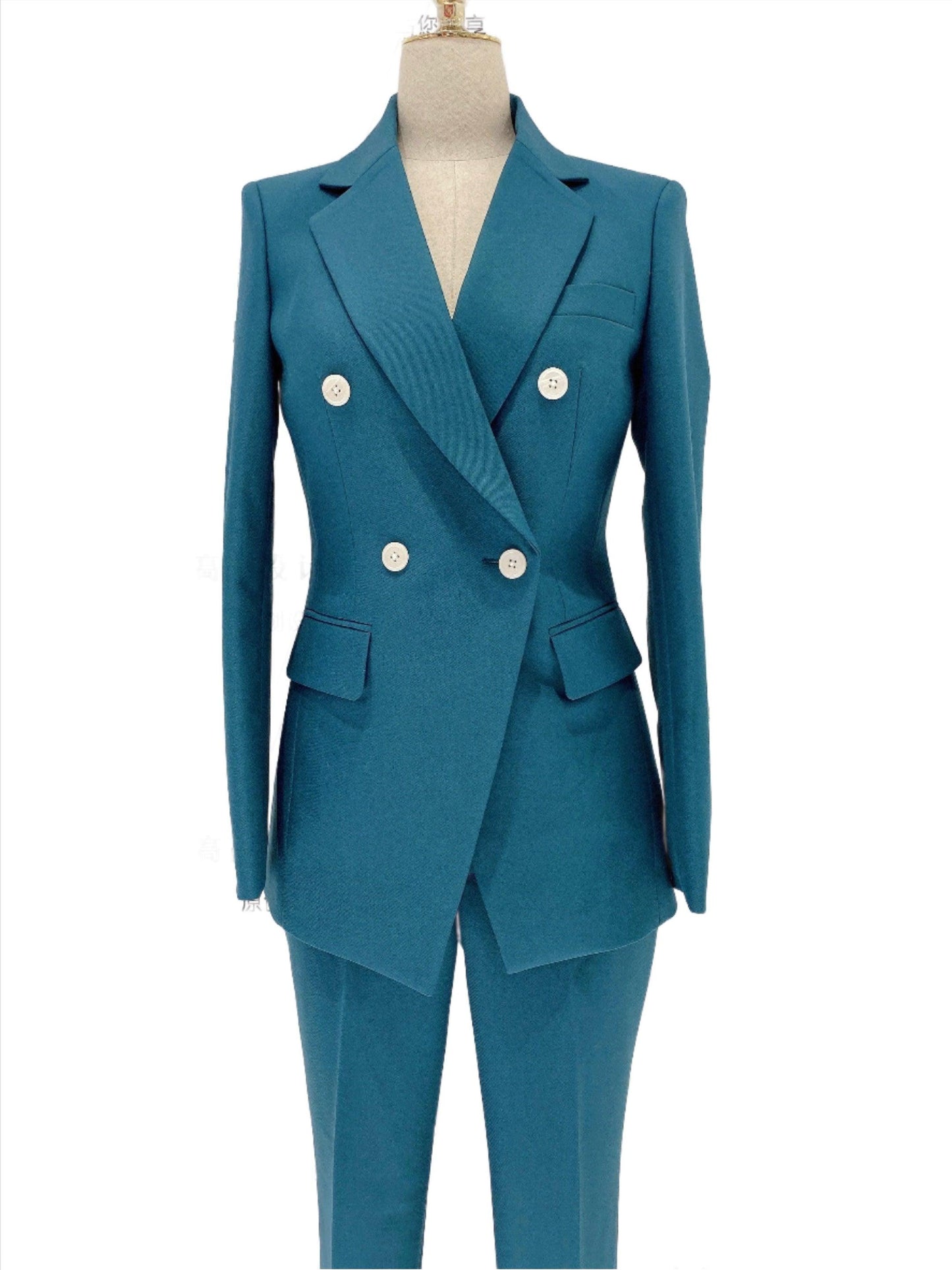 Peacock Blue Pant Suit - Women Two-Piece Trouser Suit - Pantsuit - Guocali