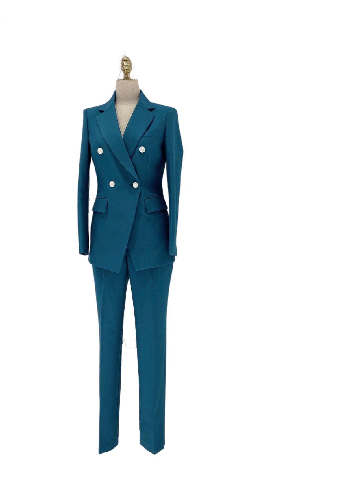 Peacock Blue Pant Suit - Women Two-Piece Trouser Suit - Pantsuit - Guocali