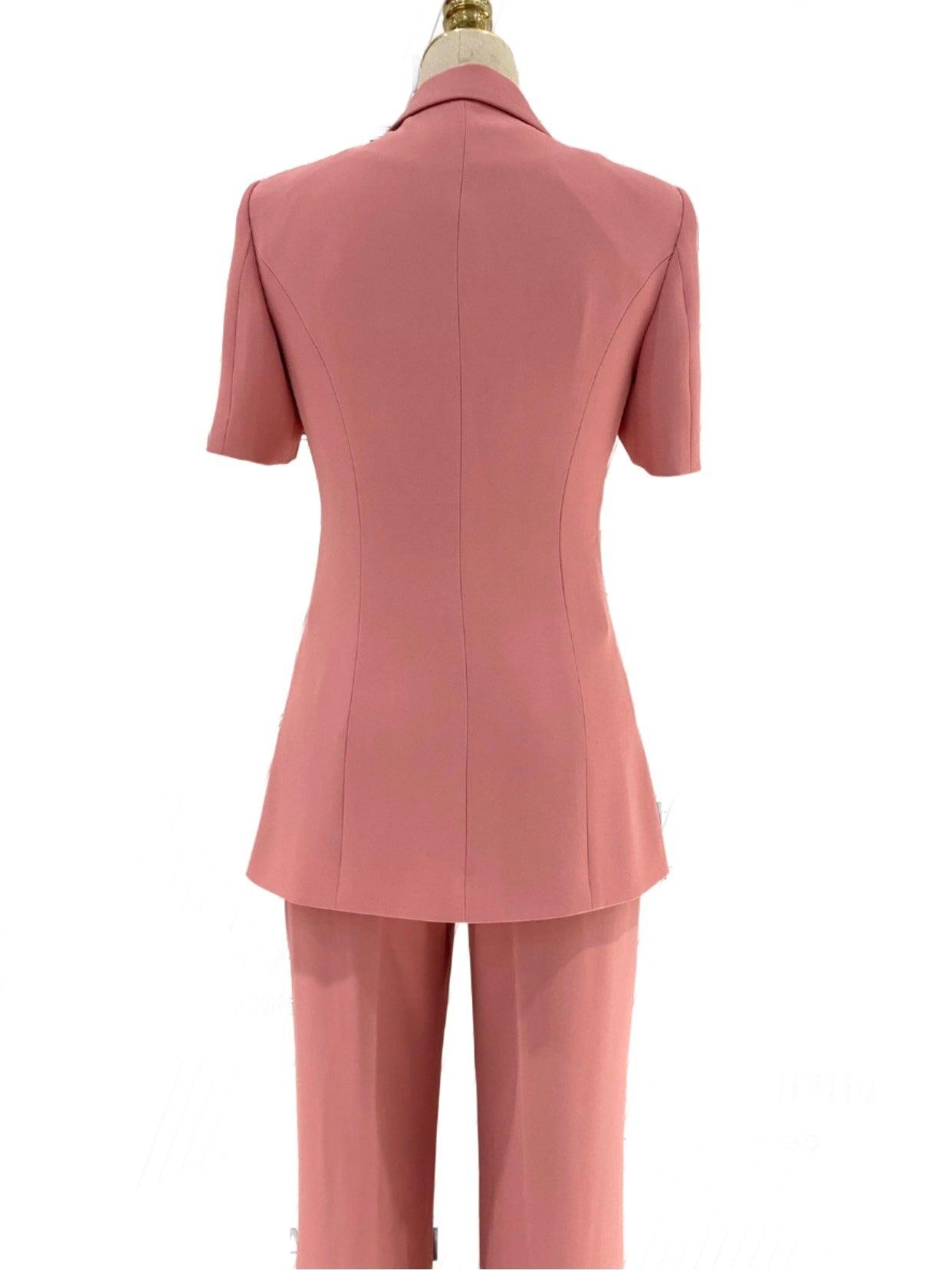 Pink Short-Sleeved Women Pant Suit, Thin Fabric Wide-Leg Pants - Pantsuit - Guocali