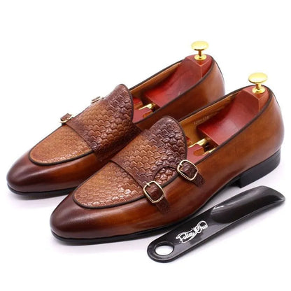 Plaid Monk Strap Leather Loafers -Guocali