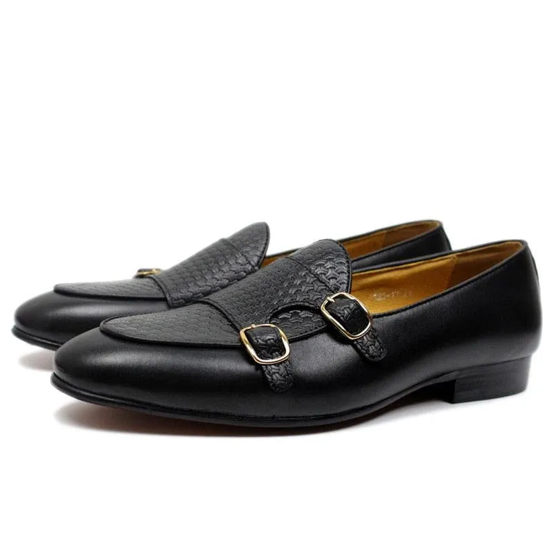 Plaid Monk Strap Leather Loafers -Guocali