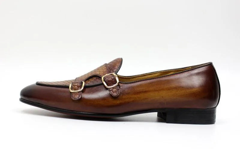 Plaid Monk Strap Leather Loafers -Guocali
