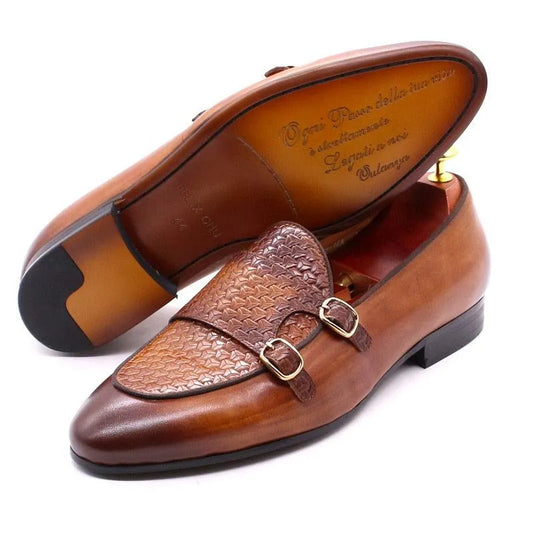 Plaid Monk Strap Leather Loafers -Guocali