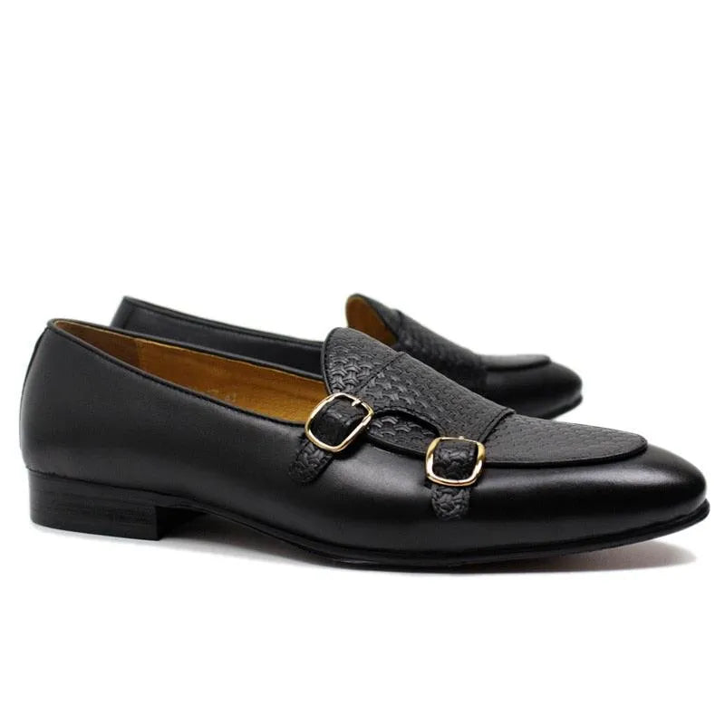 Plaid Monk Strap Leather Loafers -Guocali