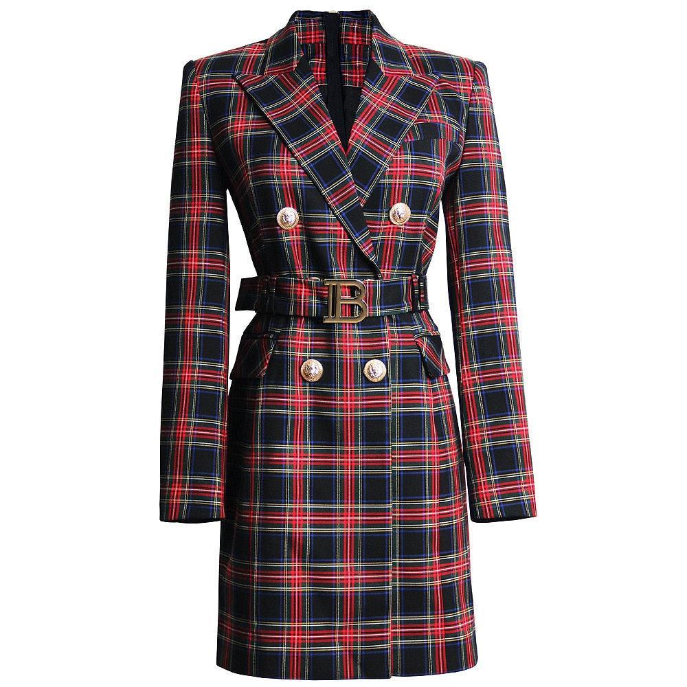 Plaid Women Blazer Dress With Belt - Blazer Dress - Guocali