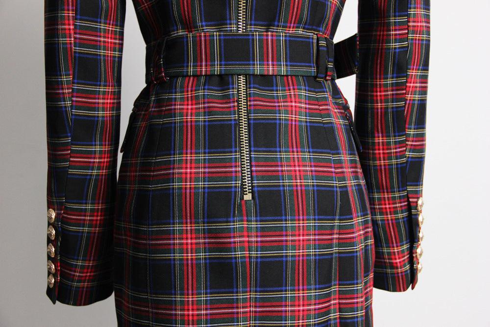 Plaid Women Blazer Dress With Belt - Blazer Dress - Guocali
