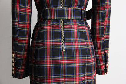 Plaid Women Blazer Dress With Belt - Blazer Dress - Guocali