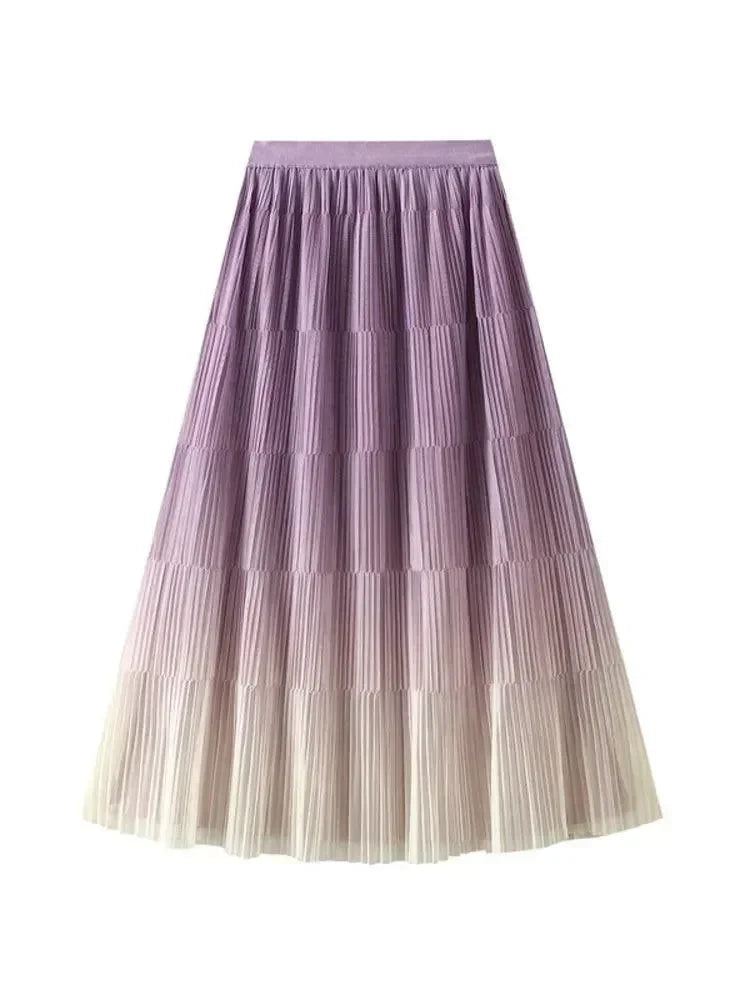 Pleated Skirt Women Gradient - A-Line Loose Midi Women Skirt