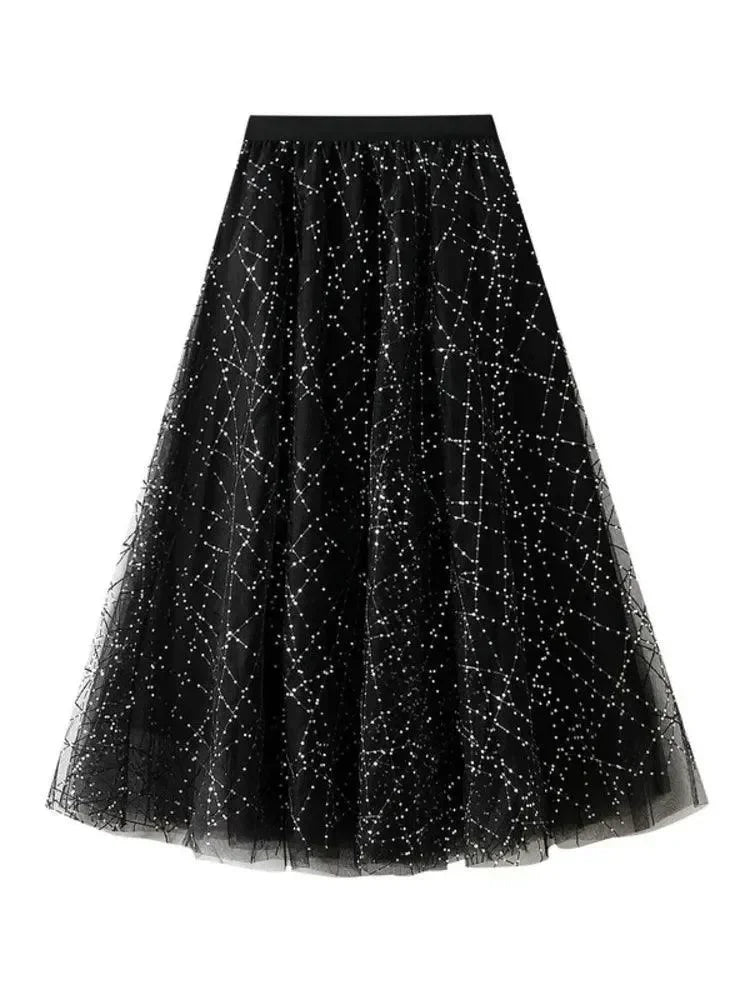 Pleated Skirt Women Sequin Mesh - High Waist Maxi Women Skirt