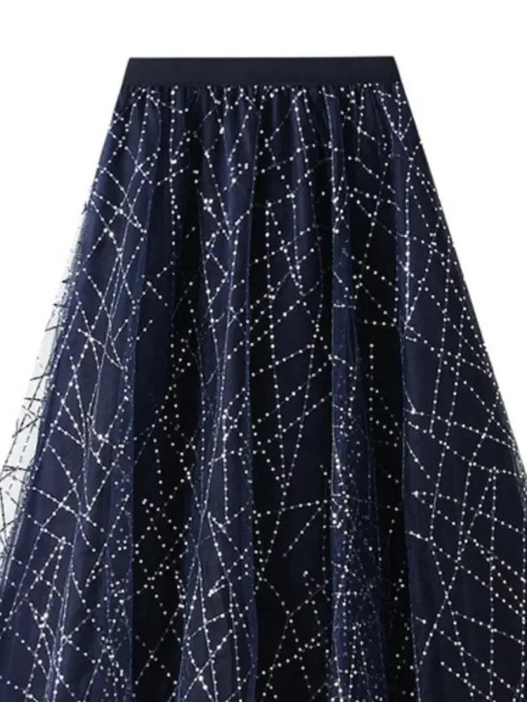 Pleated Skirt Women Sequin Mesh - High Waist Maxi Women Skirt