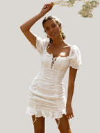 Pleated V-Neck Lace-Up Bodycon Dress -Guocali
