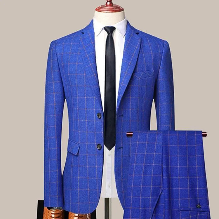 3-Piece Blue Plaid Suit for Men - Business Style -Guocali