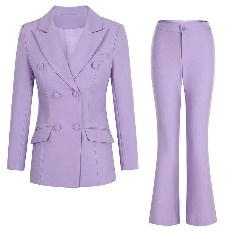 Chic Women's Pant Suit - Solid Double-Breasted